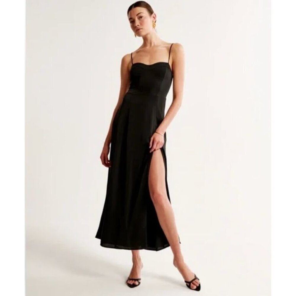 Abercrombie Black Satin Slip Midi Dress High Slit Size XS Formal Event Dance